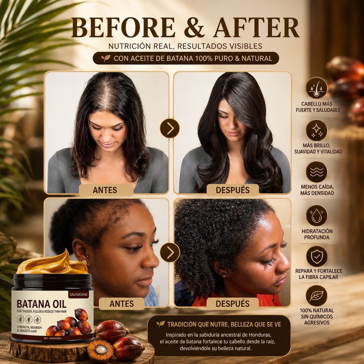 Aceite de Batana 100 % Puro y Natural | Nutrición, Reparación e Hidratación para Todo Tipo de Cabello